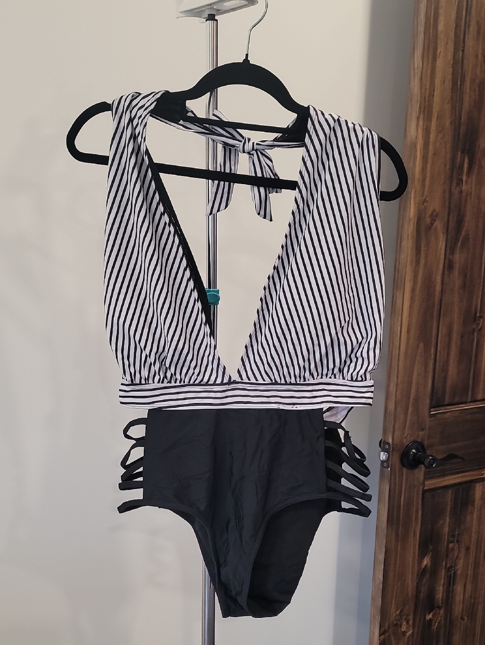 Source Unknown Black and White Striped Deep V One-Piece Swimsuit